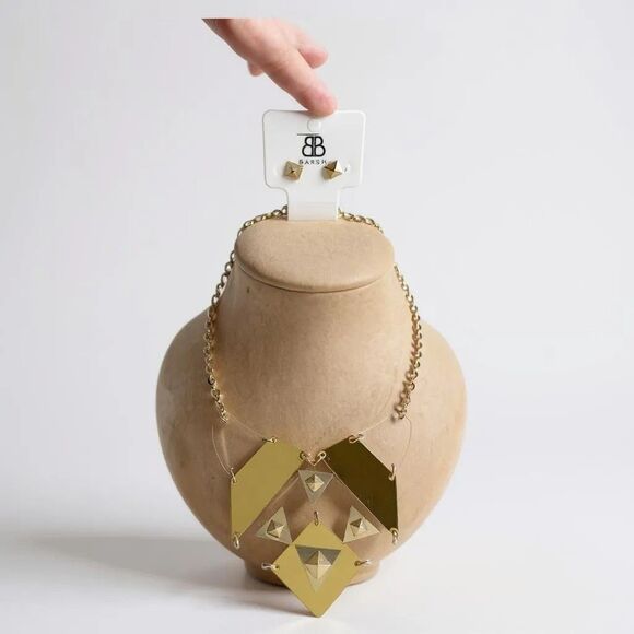 Bansri Gold Tone Necklace & Earring Set Statement Geometric Design 20" Chain - Picture 1 of 4